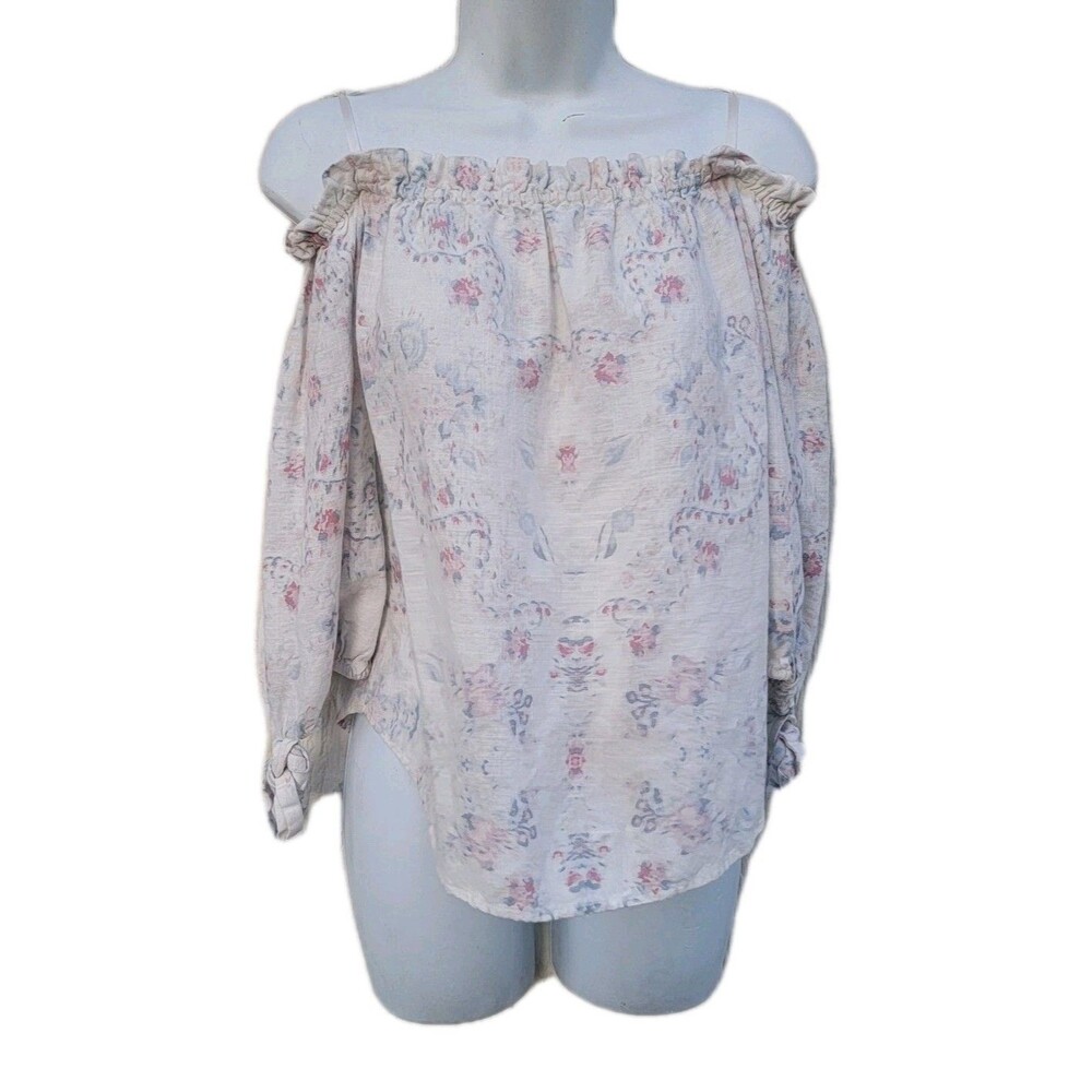 BCBGMAXAZRIA Gardenia Garden Linen Blnd Off Shoulder Floral Top Sz M Boho Beachy